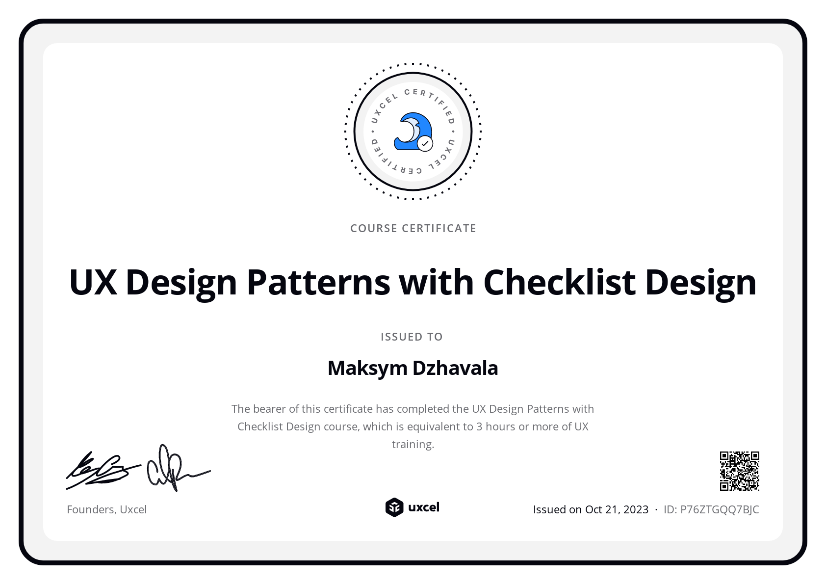 Maksym Dzhavala's certificate